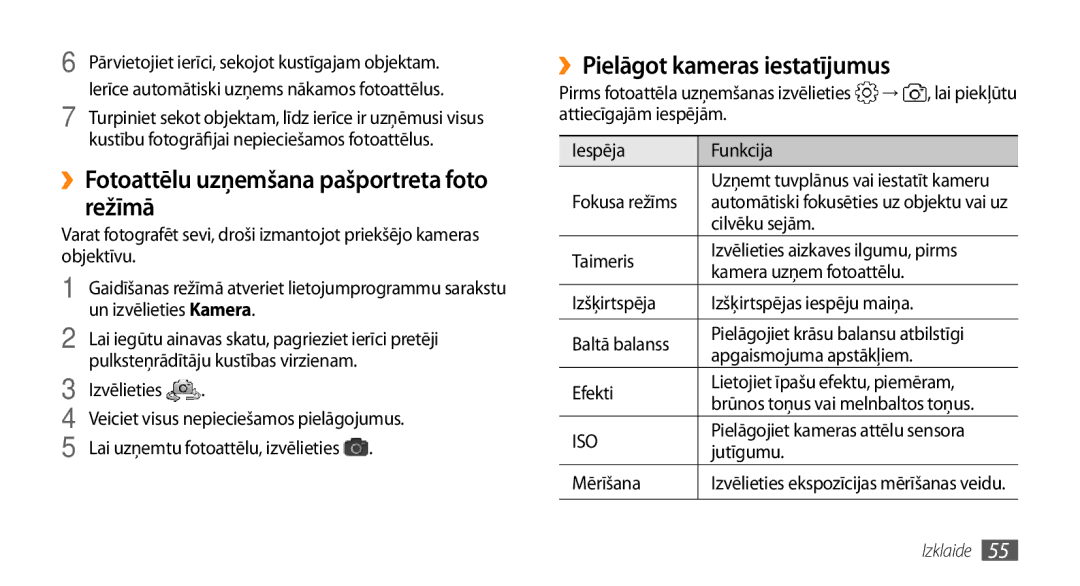 Samsung GT-I9003MKDSEB, GT-I9003ISDSEB ››Fotoattēlu uzņemšana pašportreta foto režīmā, ››Pielāgot kameras iestatījumus 