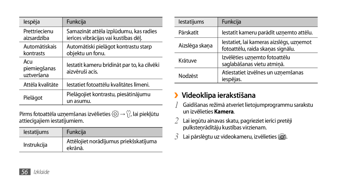 Samsung GT-I9003ISDSEB, GT-I9003MKDSEB manual ››Videoklipa ierakstīšana 