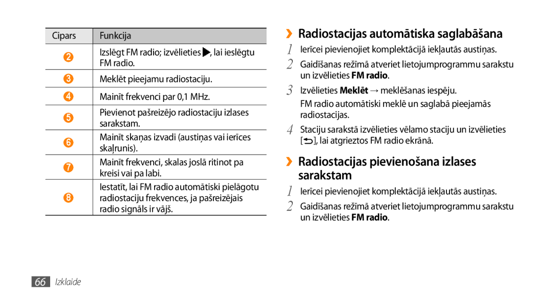 Samsung GT-I9003ISDSEB manual Sarakstam, ››Radiostacijas automātiska saglabāšana, ››Radiostacijas pievienošana izlases 