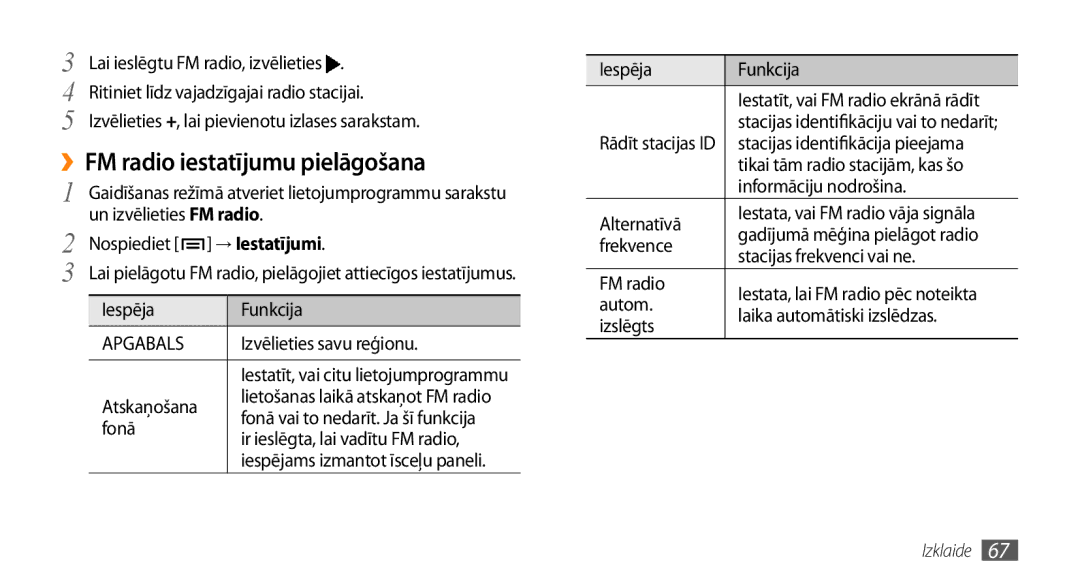 Samsung GT-I9003MKDSEB, GT-I9003ISDSEB manual ››FM radio iestatījumu pielāgošana, → Iestatījumi 