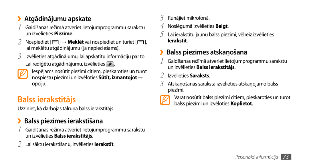 Samsung GT-I9003MKDSEB, GT-I9003ISDSEB manual Balss ierakstītājs, ››Atgādinājumu apskate, ››Balss piezīmes ierakstīšana 