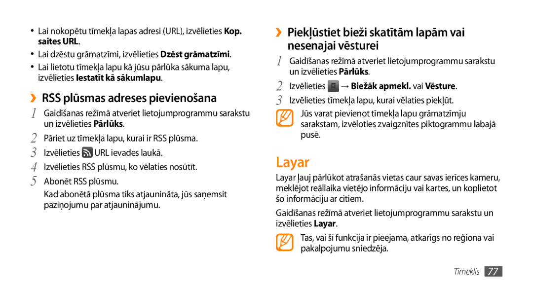 Samsung GT-I9003MKDSEB, GT-I9003ISDSEB manual Layar, ››RSS plūsmas adreses pievienošana, → Biežāk apmekl. vai Vēsture 