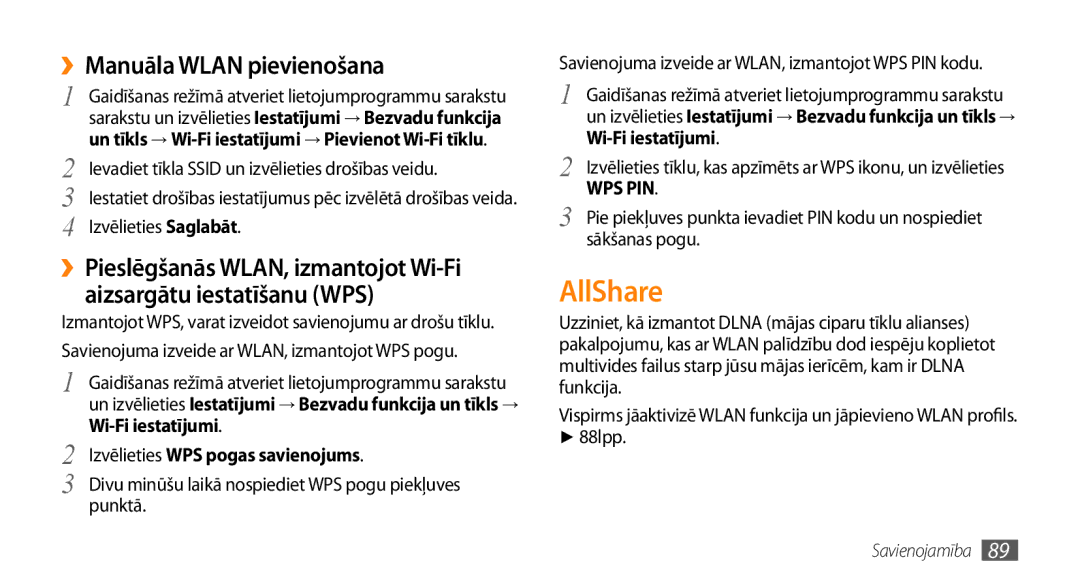 Samsung GT-I9003MKDSEB, GT-I9003ISDSEB manual AllShare, ››Manuāla Wlan pievienošana, Izvēlieties WPS pogas savienojums 