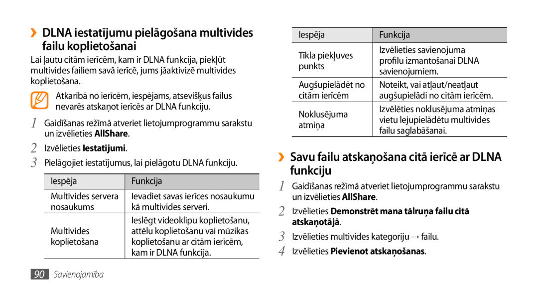 Samsung GT-I9003ISDSEB, GT-I9003MKDSEB manual ››Savu failu atskaņošana citā ierīcē ar Dlna funkciju, Atskaņotājā 