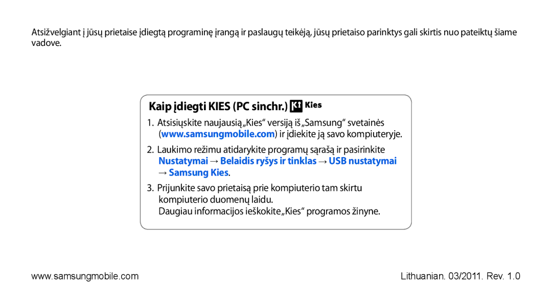 Samsung GT-I9003ISDSEB, GT-I9003MKDSEB manual Kaip įdiegti Kies PC sinchr 