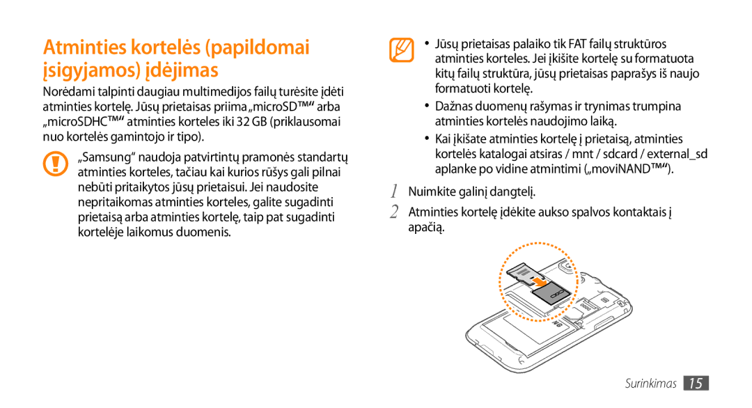 Samsung GT-I9003MKDSEB, GT-I9003ISDSEB manual Atminties kortelės papildomai įsigyjamos įdėjimas 