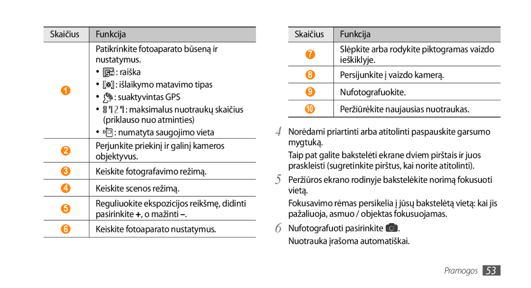 Samsung GT-I9003MKDSEB, GT-I9003ISDSEB manual Nufotografuoti pasirinkite Nuotrauka įrašoma automatiškai 