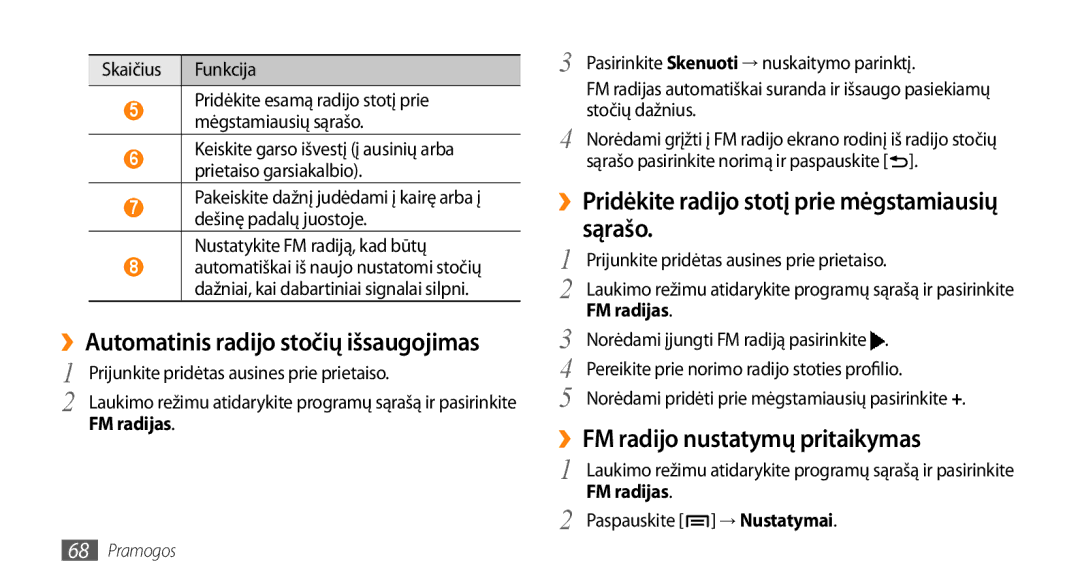 Samsung GT-I9003ISDSEB manual ››Pridėkite radijo stotį prie mėgstamiausių sąrašo, ››FM radijo nustatymų pritaikymas 