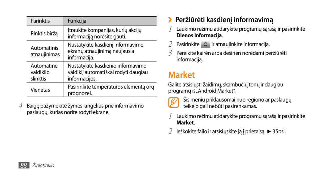 Samsung GT-I9003ISDSEB, GT-I9003MKDSEB manual Market, ››Peržiūrėti kasdienį informavimą 