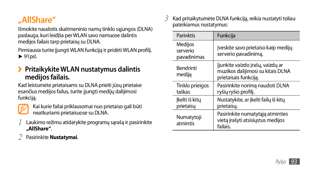 Samsung GT-I9003MKDSEB, GT-I9003ISDSEB manual „AllShare, Medijos failais, ››Pritaikykite Wlan nustatymus dalintis 