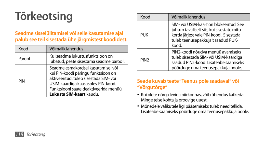 Samsung GT-I9003ISDSEB, GT-I9003MKDSEB manual Tõrkeotsing, Kood Võimalik lahendus Parool, Lukusta SIM-kaart kaudu 