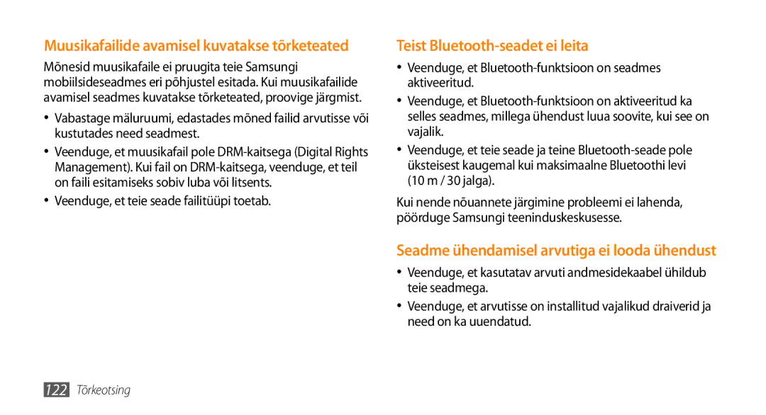 Samsung GT-I9003ISDSEB manual Muusikafailide avamisel kuvatakse tõrketeated, Veenduge, et teie seade failitüüpi toetab 