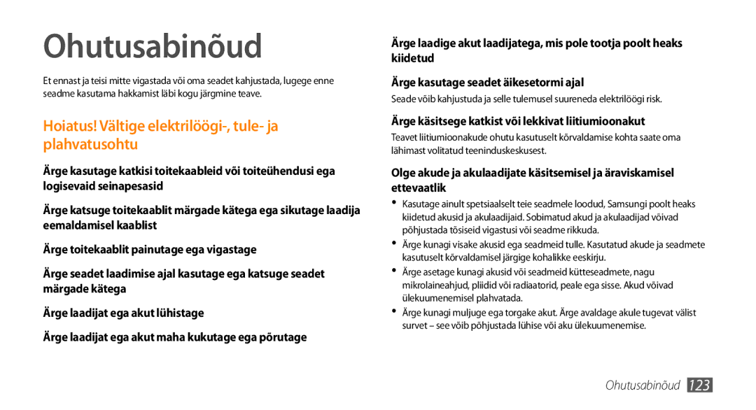 Samsung GT-I9003MKDSEB, GT-I9003ISDSEB manual Ohutusabinõud, Hoiatus! Vältige elektrilöögi-, tule- ja plahvatusohtu 
