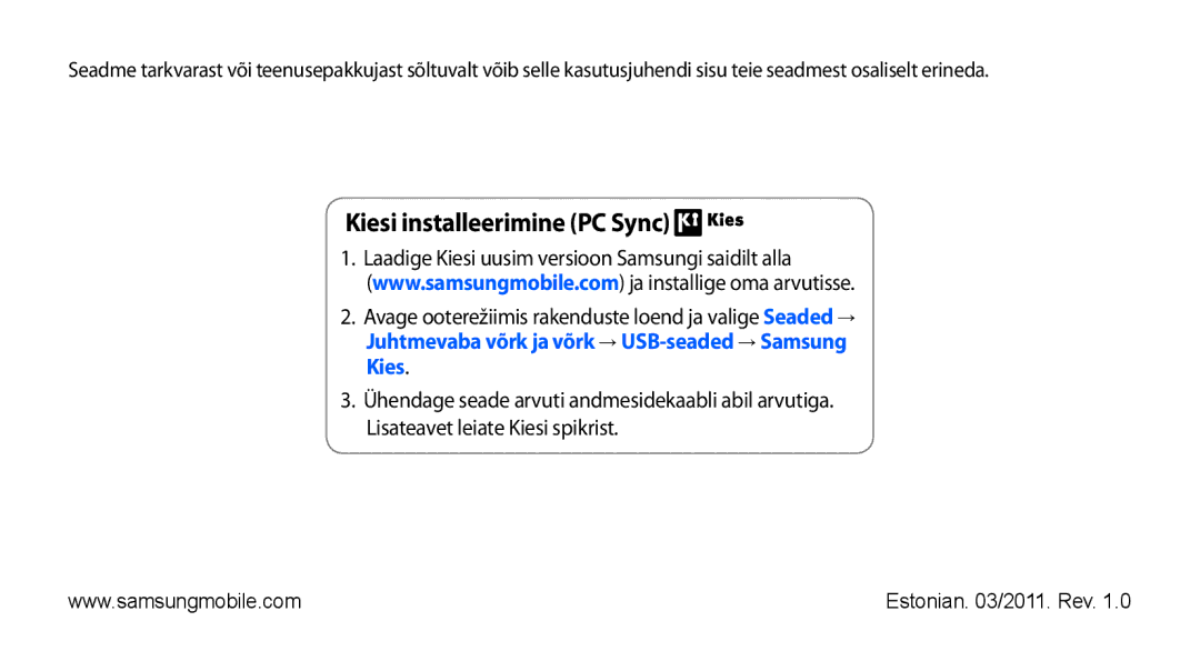 Samsung GT-I9003ISDSEB, GT-I9003MKDSEB manual Kiesi installeerimine PC Sync 