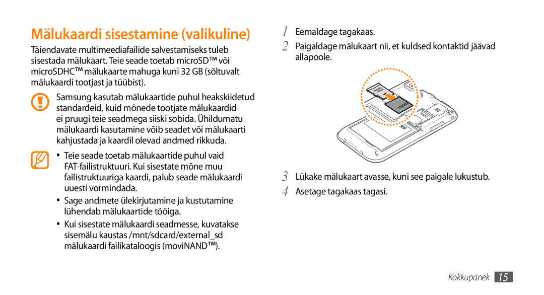 Samsung GT-I9003MKDSEB, GT-I9003ISDSEB manual Mälukaardi sisestamine valikuline 