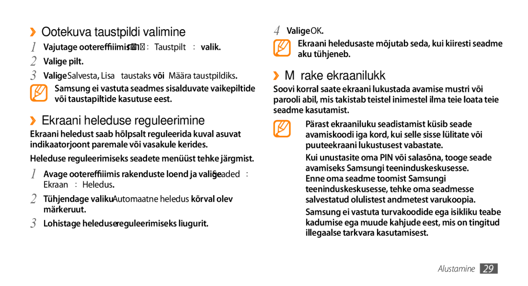 Samsung GT-I9003MKDSEB manual ››Ootekuva taustpildi valimine, ››Ekraani heleduse reguleerimine, ››Määrake ekraanilukk 