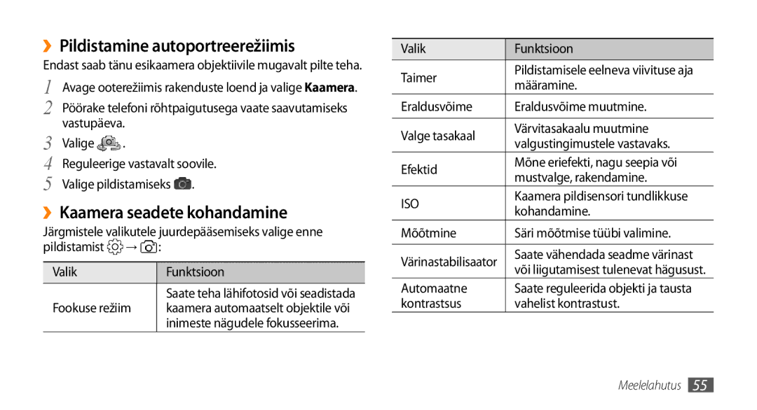 Samsung GT-I9003MKDSEB, GT-I9003ISDSEB manual ››Pildistamine autoportreerežiimis, ››Kaamera seadete kohandamine 