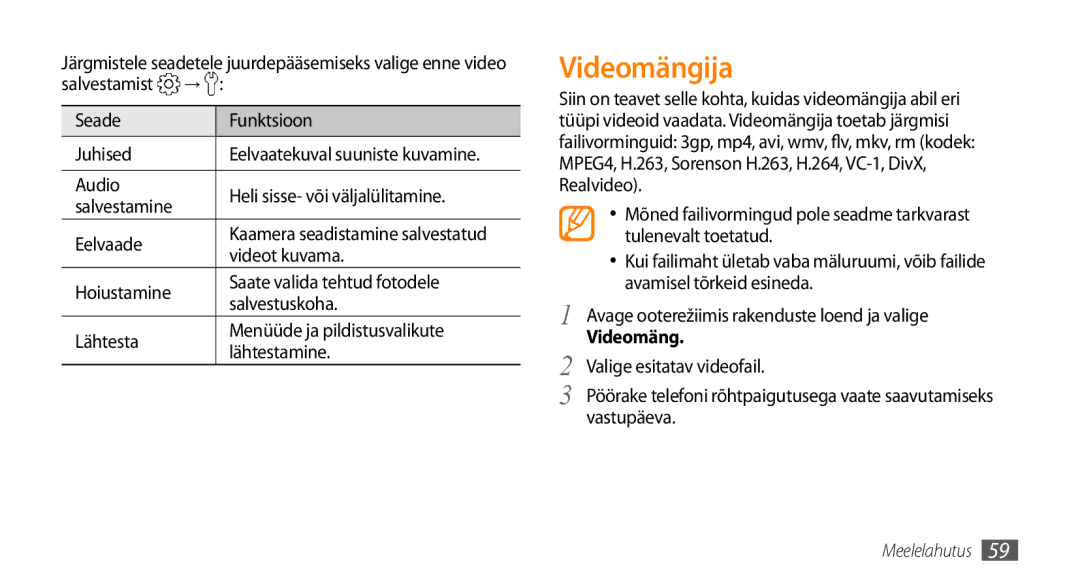 Samsung GT-I9003MKDSEB manual Videomängija, Audio Heli sisse- või väljalülitamine Salvestamine Eelvaade, Videot kuvama 