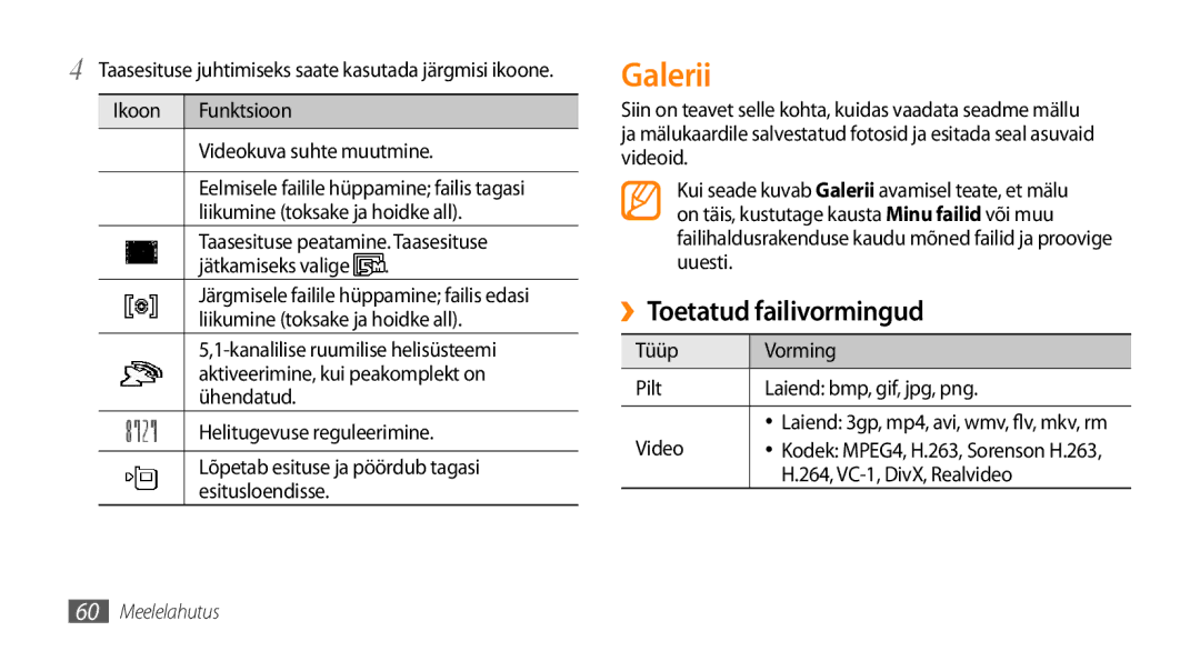 Samsung GT-I9003ISDSEB, GT-I9003MKDSEB manual Galerii, ››Toetatud failivormingud 