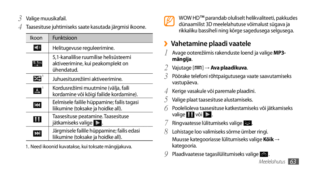 Samsung GT-I9003MKDSEB manual ››Vahetamine plaadi vaatele, Valige muusikafail, Ikoon Funktsioon Helitugevuse reguleerimine 