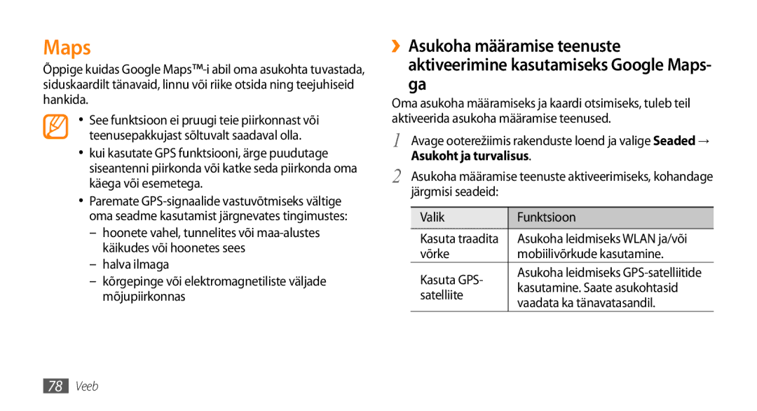 Samsung GT-I9003ISDSEB, GT-I9003MKDSEB manual Maps, Asukoht ja turvalisus 