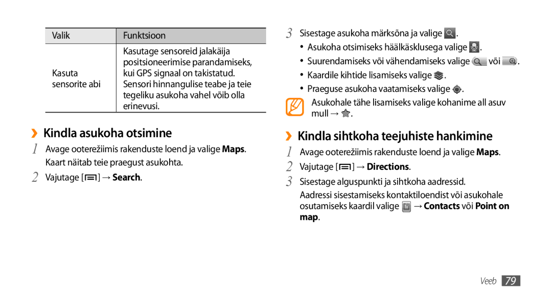 Samsung GT-I9003MKDSEB, GT-I9003ISDSEB manual ››Kindla asukoha otsimine, ››Kindla sihtkoha teejuhiste hankimine, Map 