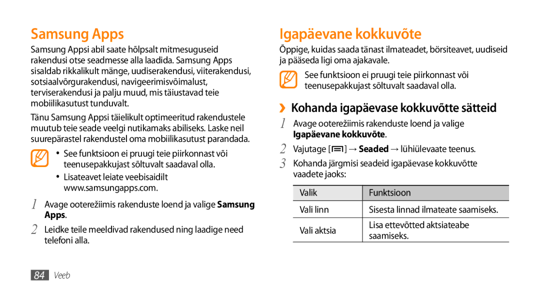 Samsung GT-I9003ISDSEB, GT-I9003MKDSEB manual Samsung Apps, Igapäevane kokkuvõte, ››Kohanda igapäevase kokkuvõtte sätteid 