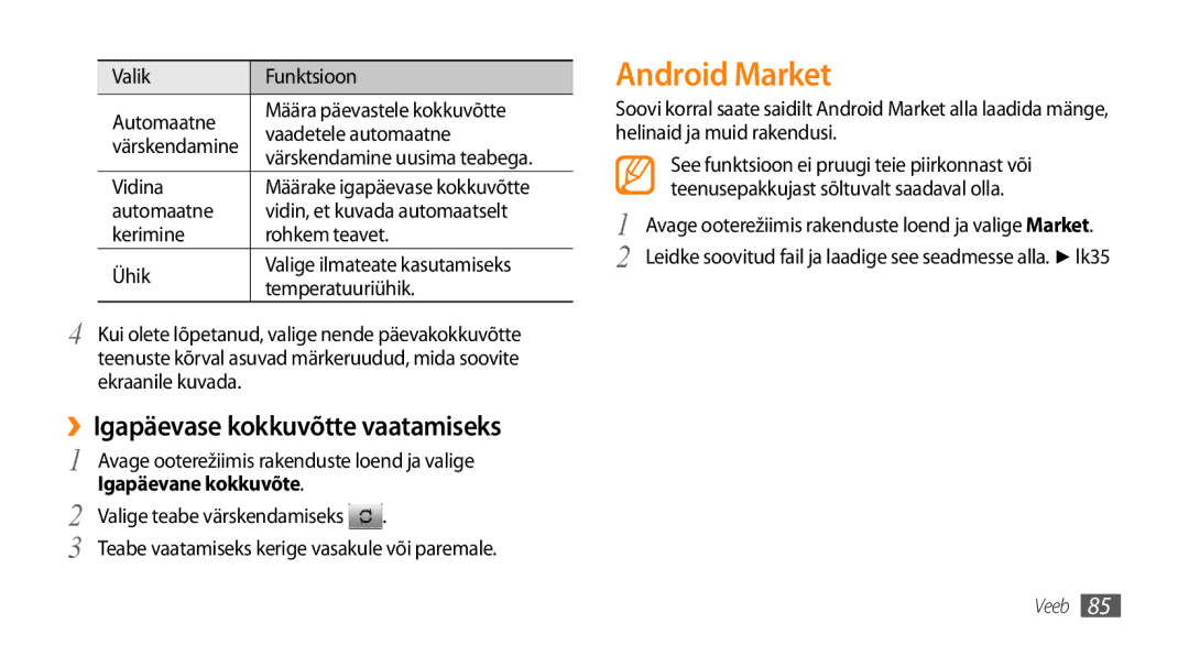 Samsung GT-I9003MKDSEB, GT-I9003ISDSEB manual Android Market, ››Igapäevase kokkuvõtte vaatamiseks 