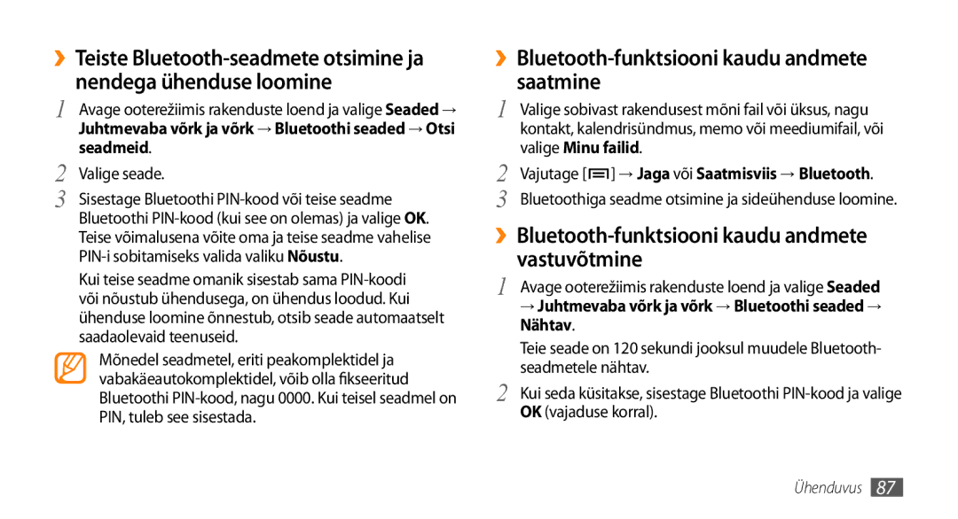 Samsung GT-I9003MKDSEB, GT-I9003ISDSEB manual ››Bluetooth-funktsiooni kaudu andmete saatmine, Vastuvõtmine 