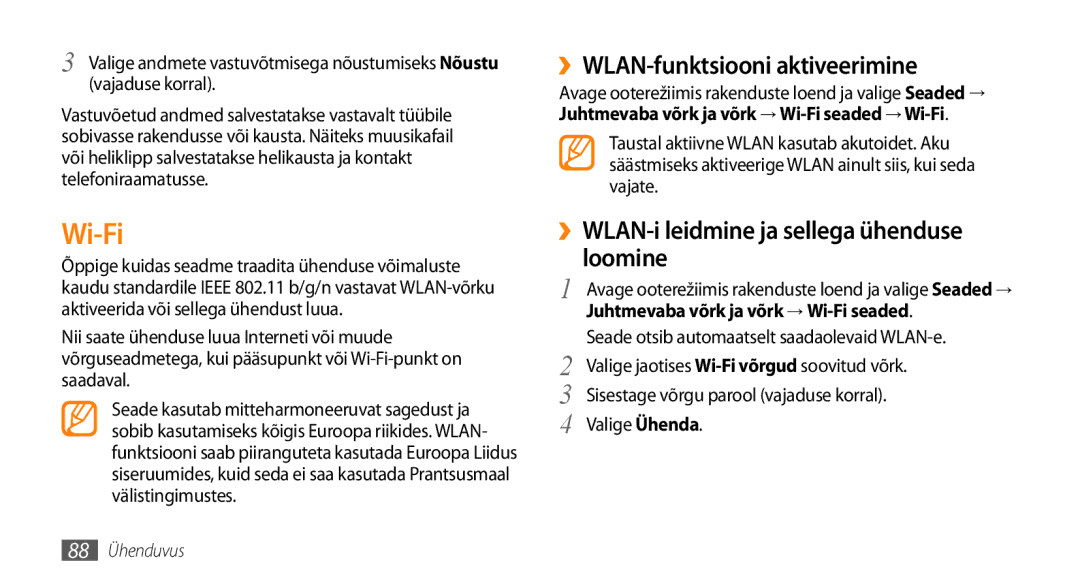 Samsung GT-I9003ISDSEB manual Wi-Fi, ››WLAN-funktsiooni aktiveerimine, ››WLAN-i leidmine ja sellega ühenduse loomine 