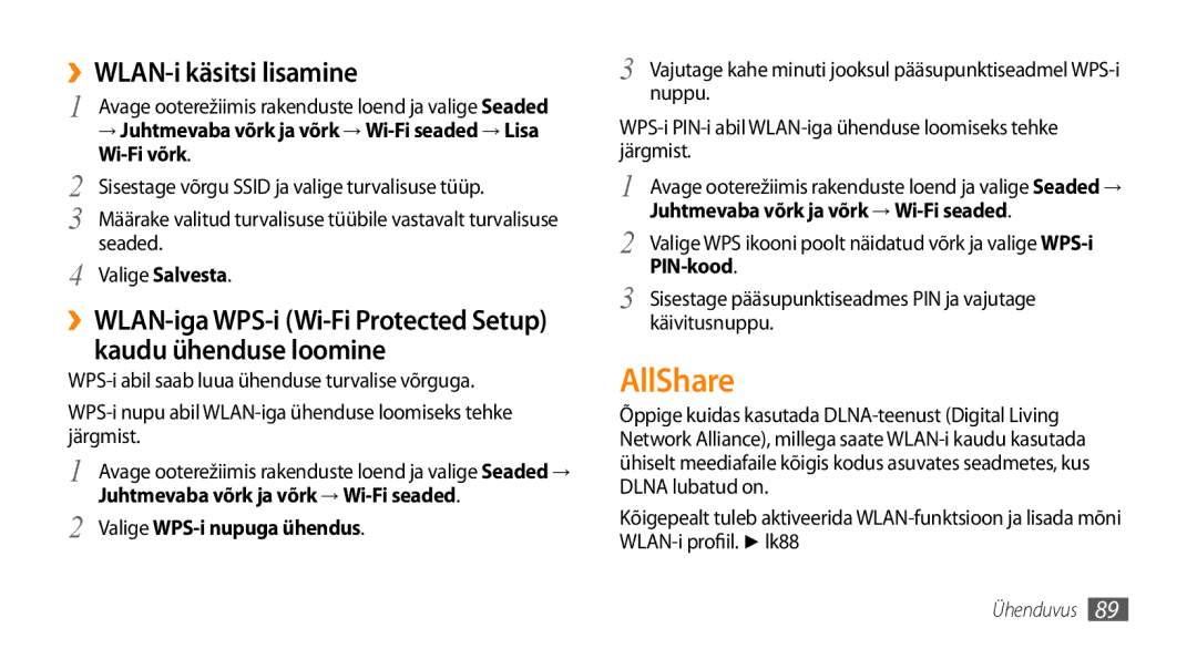 Samsung GT-I9003MKDSEB, GT-I9003ISDSEB manual AllShare, ››WLAN-i käsitsi lisamine 