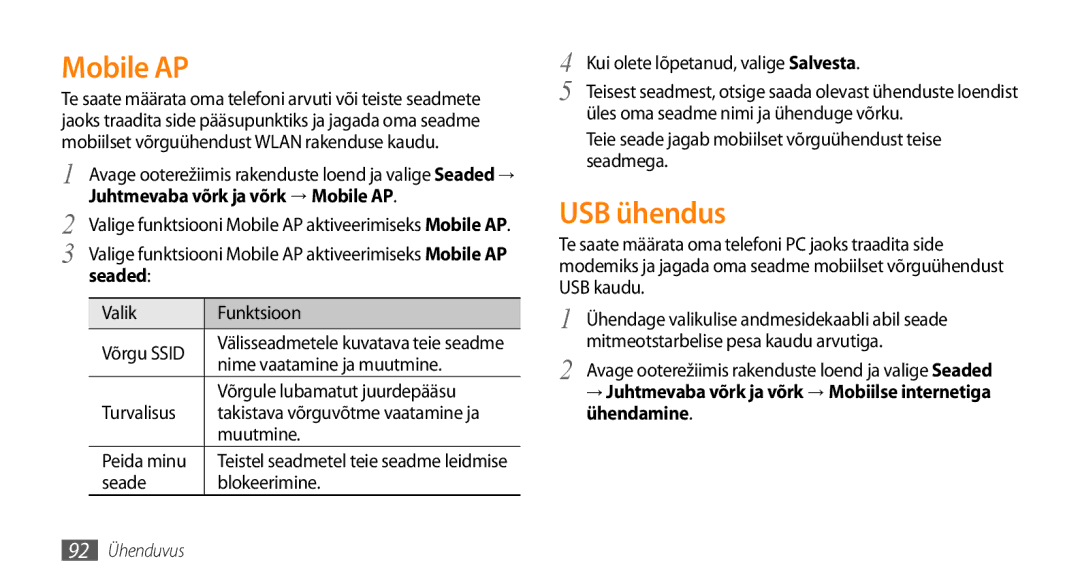 Samsung GT-I9003ISDSEB, GT-I9003MKDSEB manual USB ühendus, Juhtmevaba võrk ja võrk → Mobile AP 