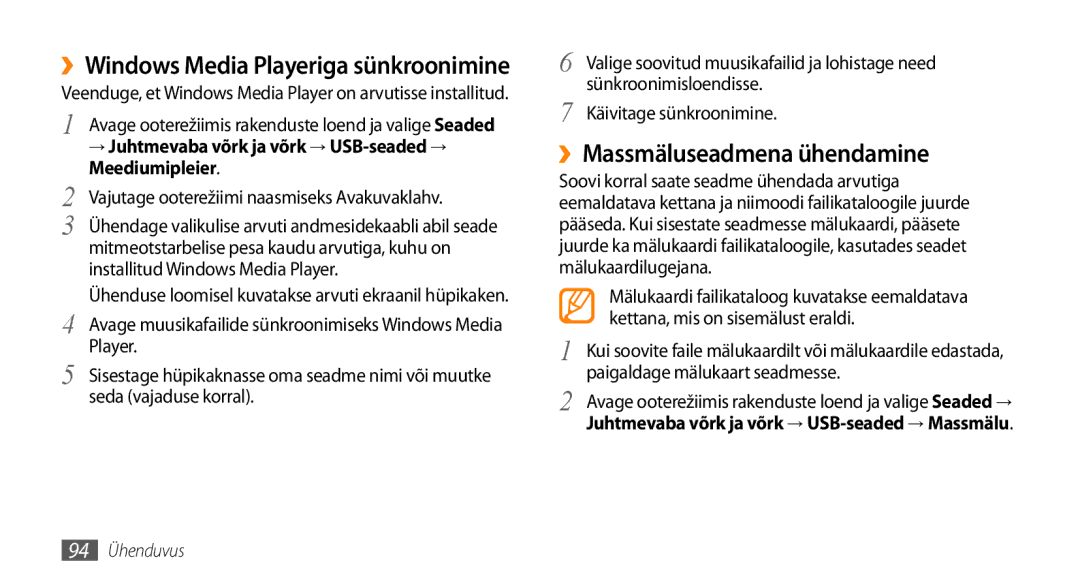 Samsung GT-I9003ISDSEB manual ››Massmäluseadmena ühendamine, ››Windows Media Playeriga sünkroonimine, Meediumipleier 