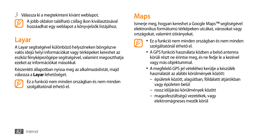 Samsung GT-I9003MKDBGL, GT-I9003MKDATO, GT-I9003MKDDBT manual Layar, Maps, Válassza ki a megtekinteni kívánt weblapot 