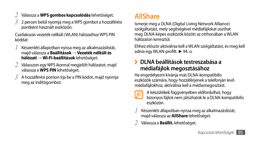 Samsung GT-I9003MKDPAN manual Eszközön, Majd válassza az AllShare lehetőséget, Válassza a Beállít. lehetőséget 