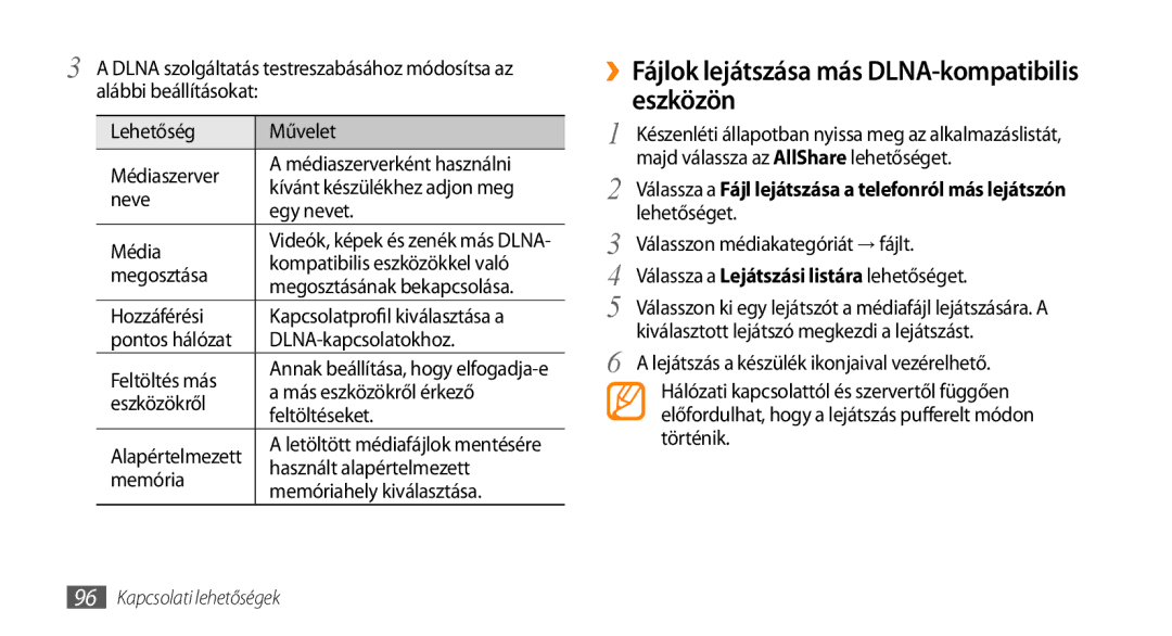 Samsung GT-I9003MKDCOA, GT-I9003MKDATO, GT-I9003MKDDBT, GT-I9003ISDITV ››Fájlok lejátszása más DLNA-kompatibilis eszközön 