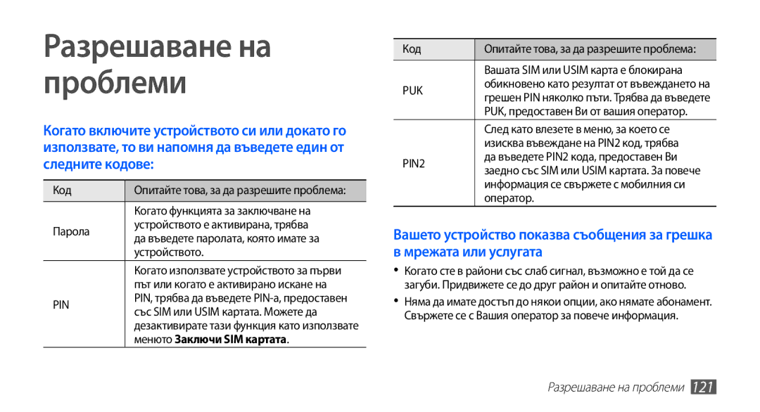 Samsung GT-I9003MKDBGL manual Менюто Заключи SIM картата, Разрешаване на проблеми 