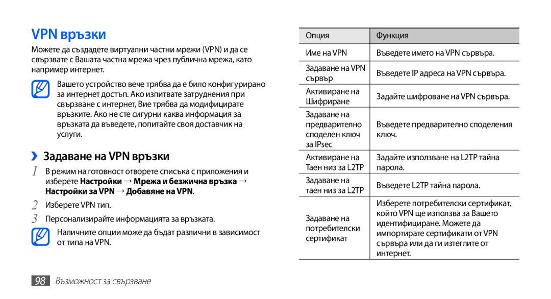 Samsung GT-I9003MKDBGL manual ››Задаване на VPN връзки, 98 Възможност за свързване 