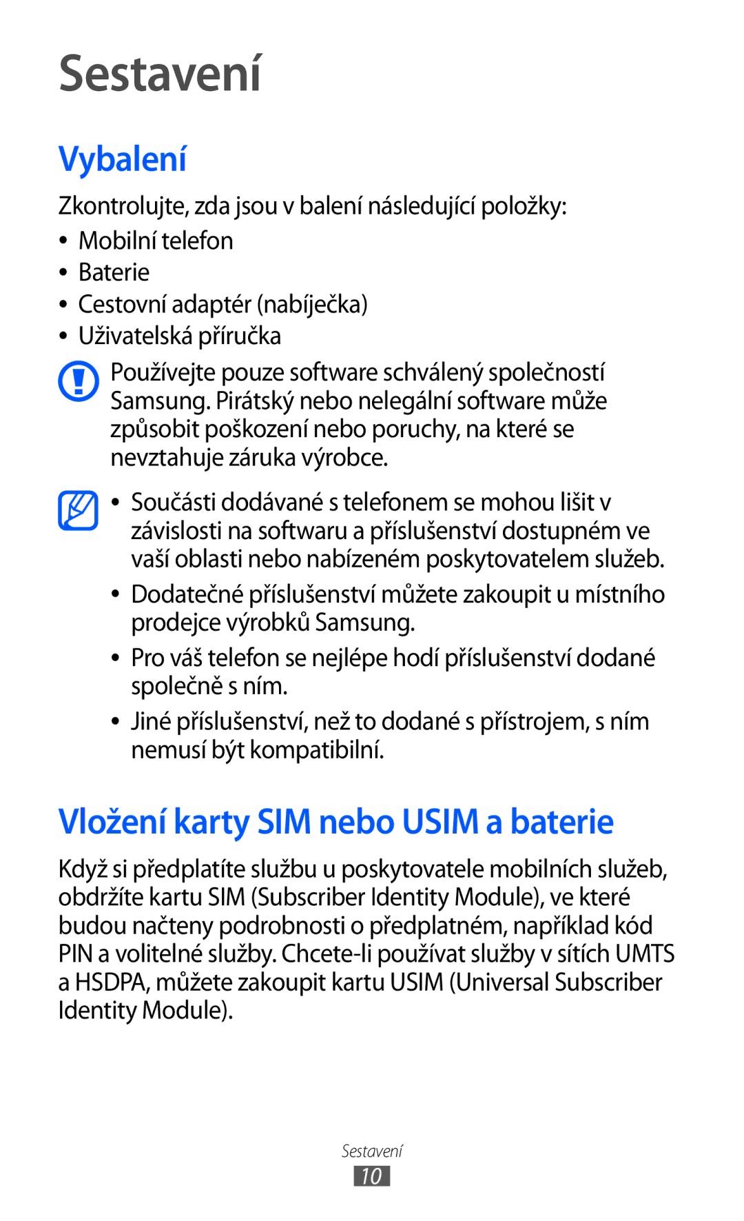 Samsung GT-I9003MKDXEZ, GT-I9003MKDO2C, GT-I9003MKDXSK manual Sestavení, Vybalení, Vložení karty SIM nebo Usim a baterie 