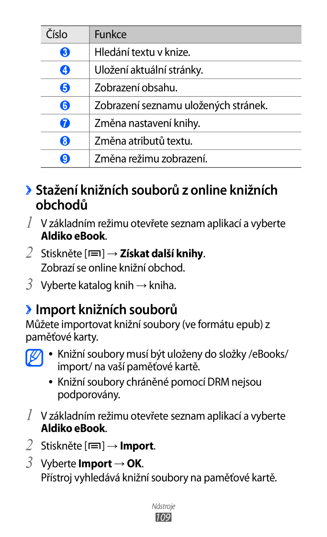Samsung GT-I9003MKDXSK manual ››Stažení knižních souborů z online knižních obchodů, ››Import knižních souborů, Aldiko eBook 
