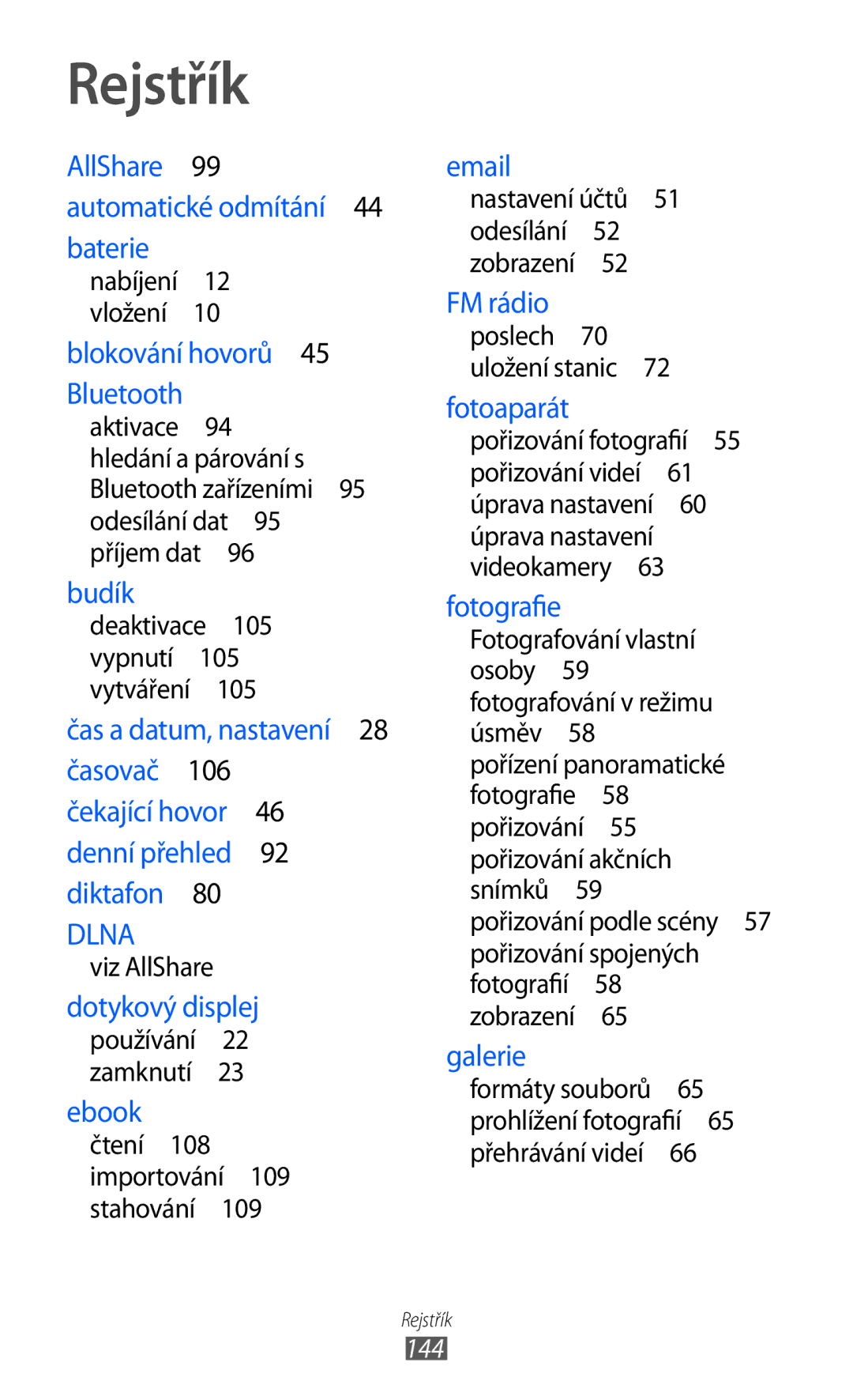 Samsung GT-I9003MKDO2C, GT-I9003MKDXSK, GT-I9003MKDXEZ, GT-I9003MKDVDC manual Rejstřík, Dlna 