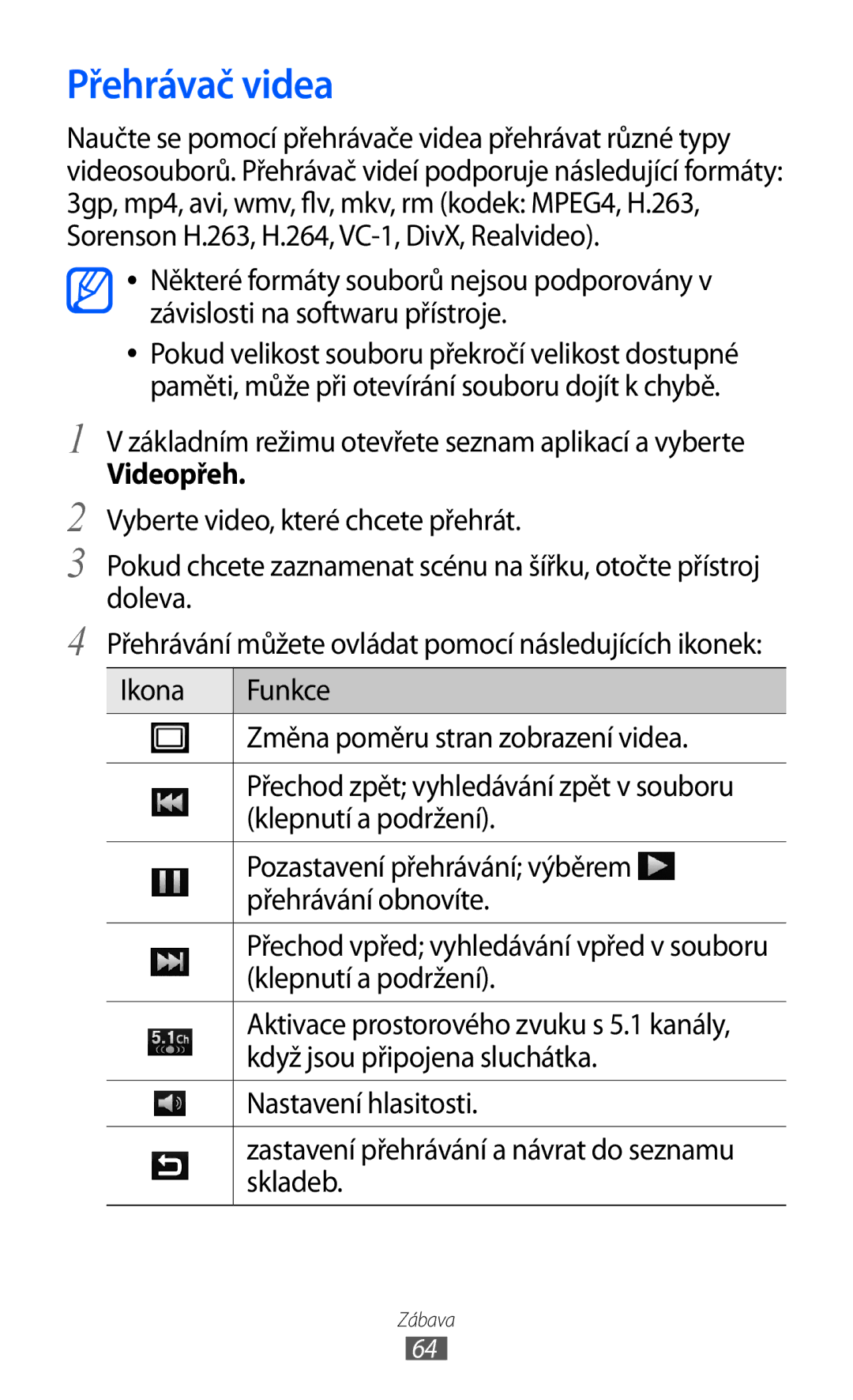 Samsung GT-I9003MKDO2C, GT-I9003MKDXSK, GT-I9003MKDXEZ, GT-I9003MKDVDC manual Přehrávač videa, Videopřeh 