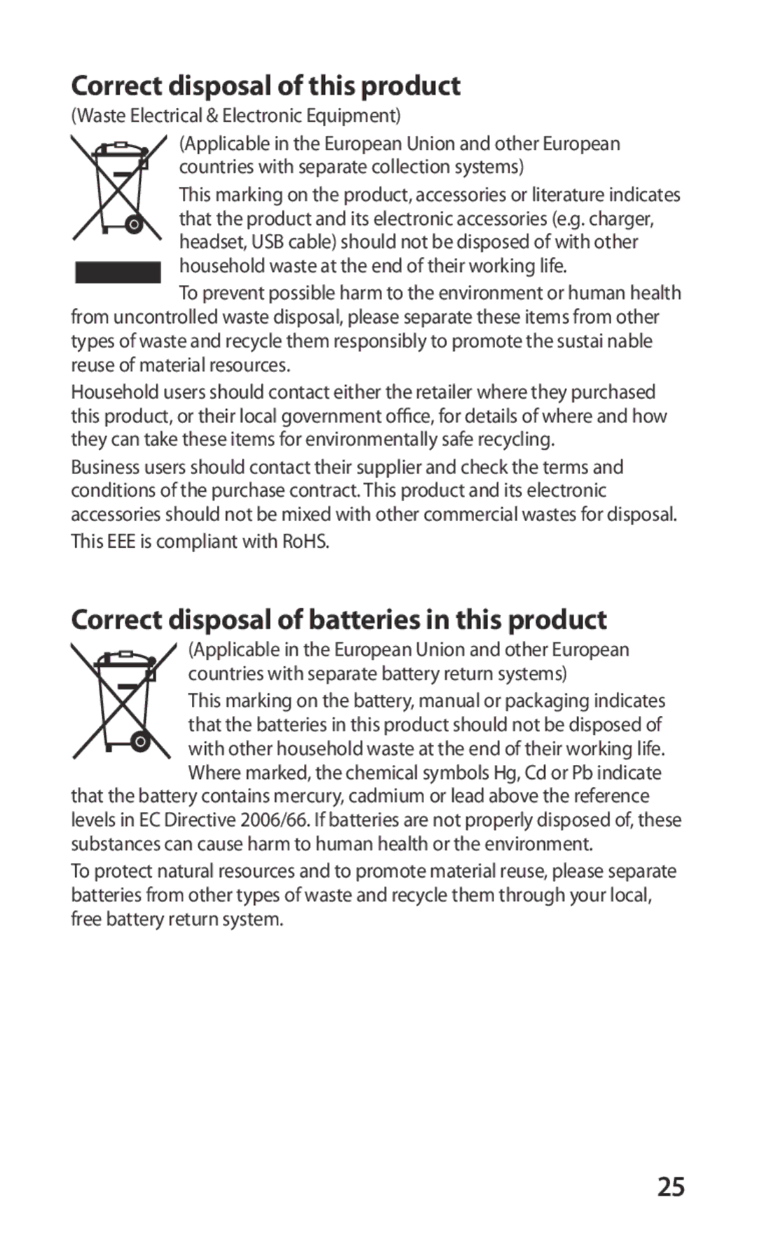 Samsung GT-I9003FIOSER, GT-I9003MKOSER Correct disposal of this product, Correct disposal of batteries in this product 