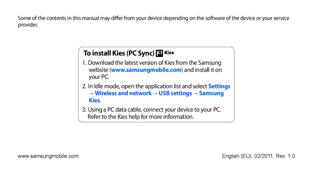 Samsung GT-I9003ISDTUR manual To install Kies PC Sync, → Wireless and network → USB settings → Samsung Kies 