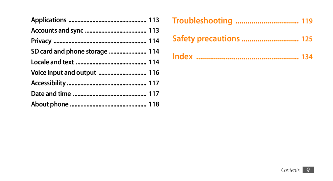 Samsung GT-I9003MKDDBT, GT-I9003NKDDBT, GT-I9003ISDTUR, GT-I9003RWDATO manual Troubleshooting, Safety precautions, Index 