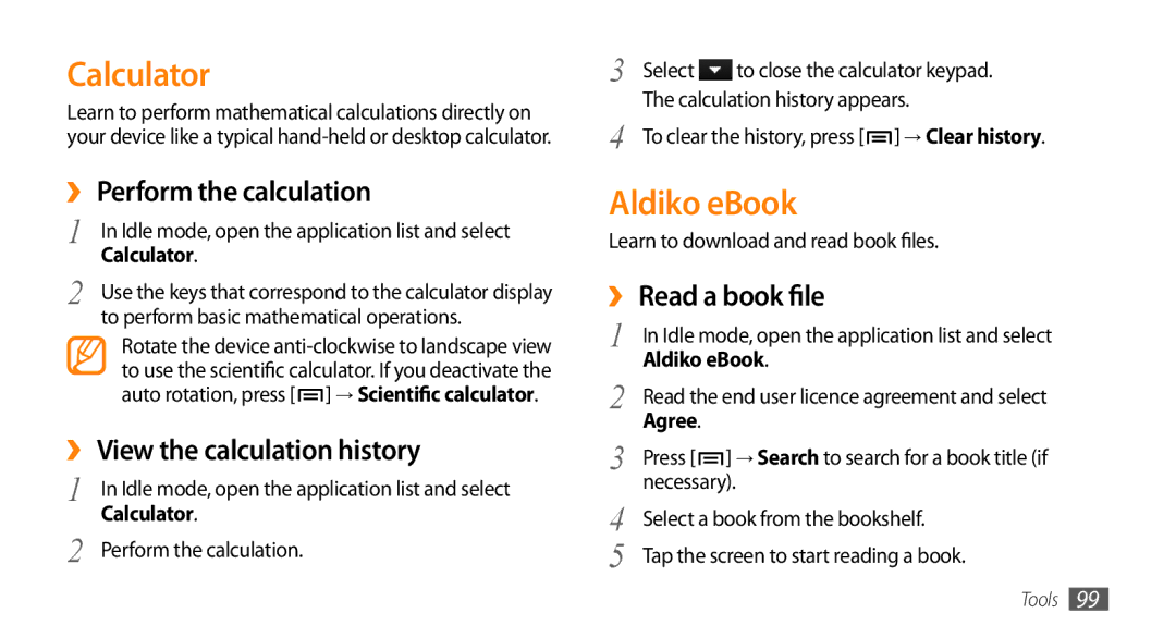 Samsung GT-I9003MKDEGY manual Calculator, Aldiko eBook, ›› Perform the calculation, ›› View the calculation history 