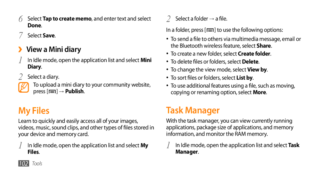 Samsung GT-I9003NKDTHR, GT-I9003NKDDBT, GT-I9003ISDTUR, GT-I9003RWDATO manual My Files, Task Manager, ›› View a Mini diary 