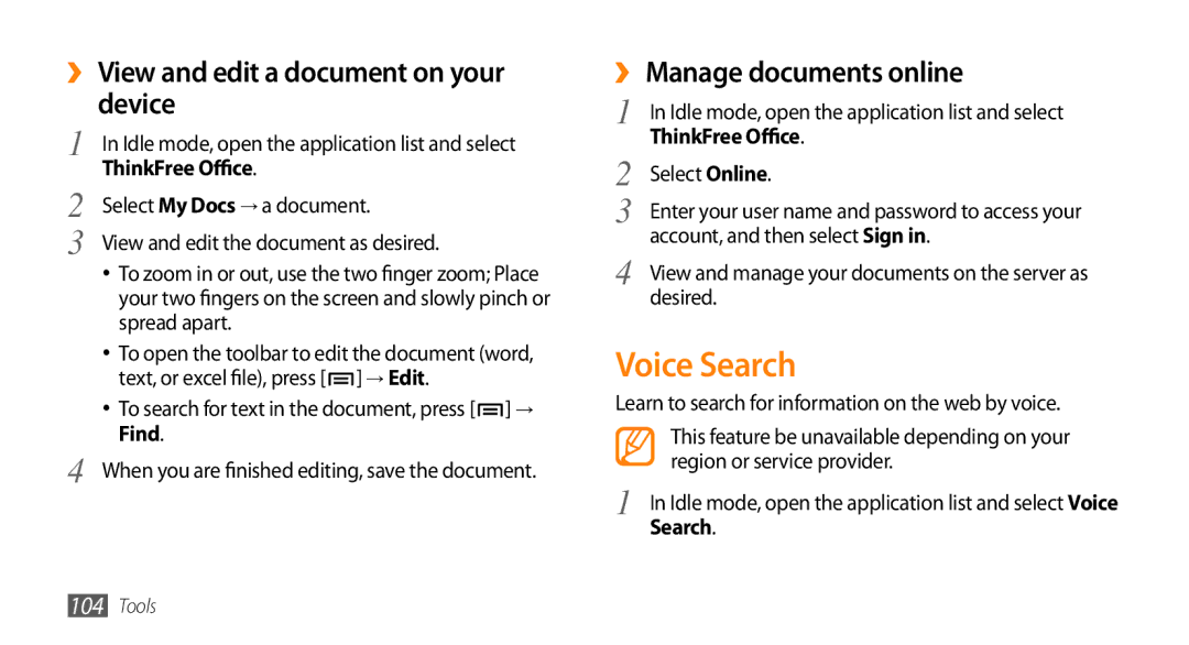 Samsung GT-I9003RWDKSA manual Voice Search, ›› View and edit a document on your device, ›› Manage documents online, Find 