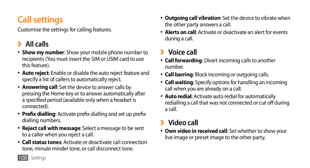 Samsung GT-I9003MKAXEV, GT-I9003NKDDBT, GT-I9003ISDTUR manual Call settings, ›› All calls, ›› Voice call, ›› Video call 