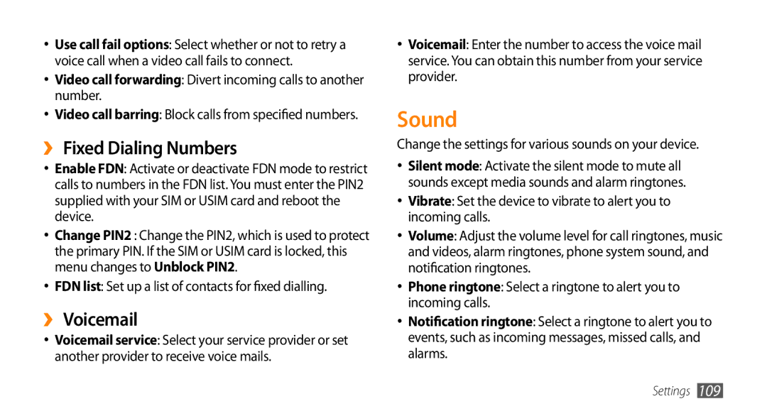 Samsung GT-I9003MKDXXV, GT-I9003NKDDBT, GT-I9003ISDTUR, GT-I9003RWDATO manual Sound, ›› Fixed Dialing Numbers, ›› Voicemail 